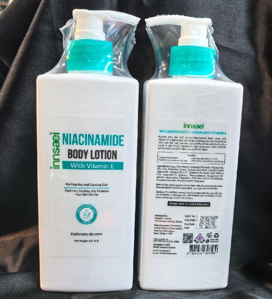 Innsaei Niacinamide Body Lotion with Vitamin E – White Teal Black Bottle