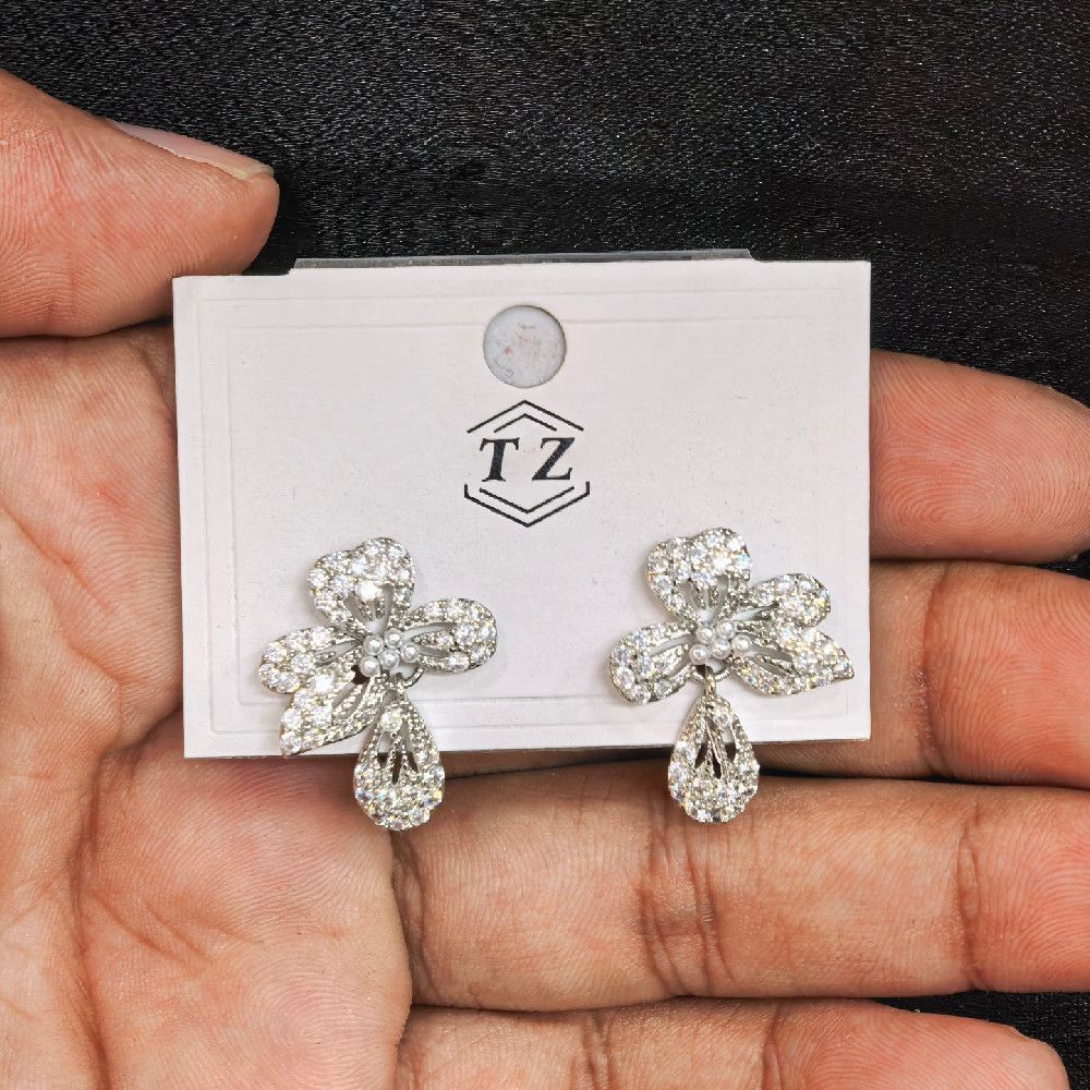 Silver Floral Drop Earrings with White Flower Detail – Handcrafted