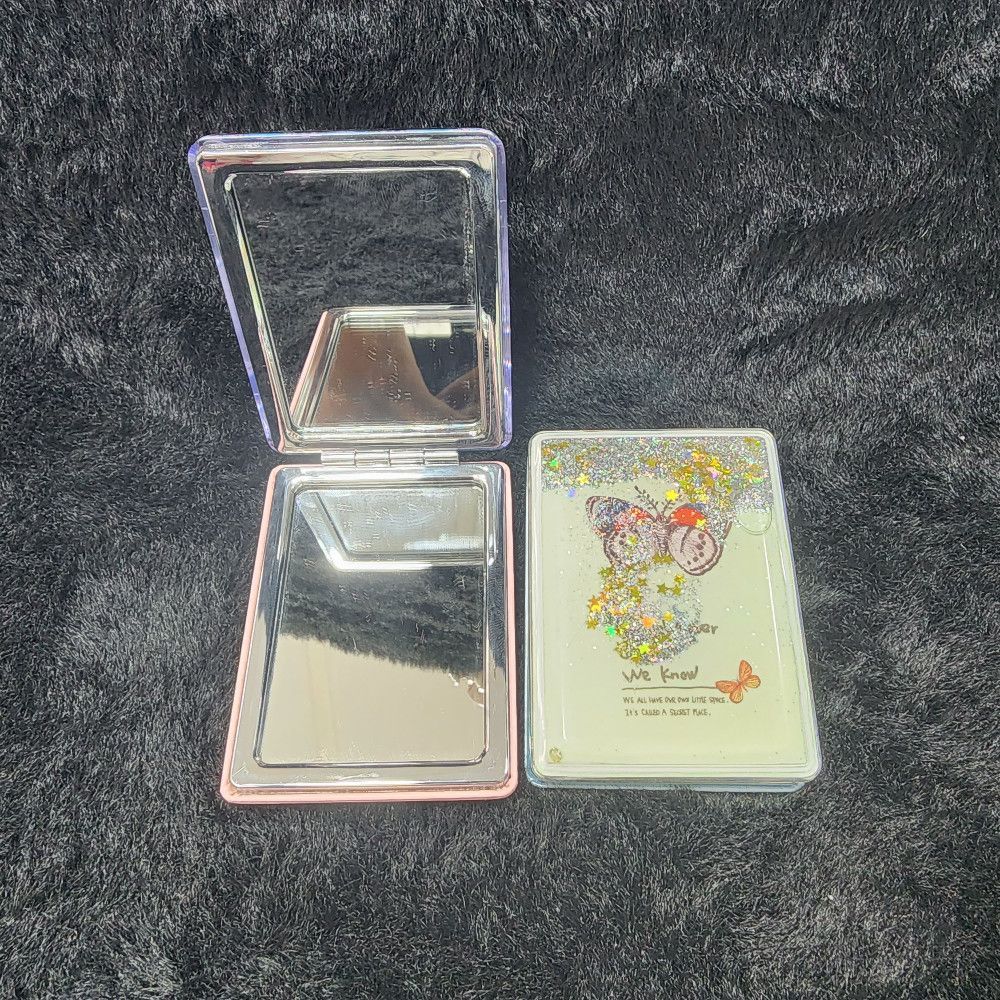 Compact Mirror Glitter Butterfly Design, Silver Pink White Plastic