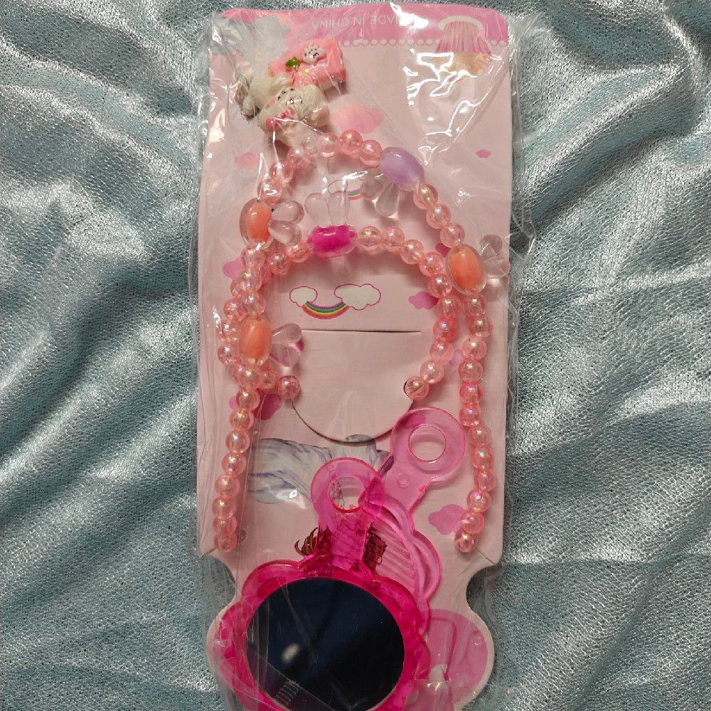 Plastic Toy Necklace & Mirror Set with Pink Peach Purple Beads