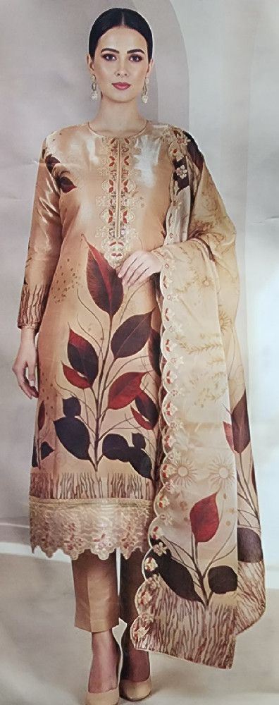 Floral Print Embroidered Slik Fabric Unstiched Set 3-Pcs