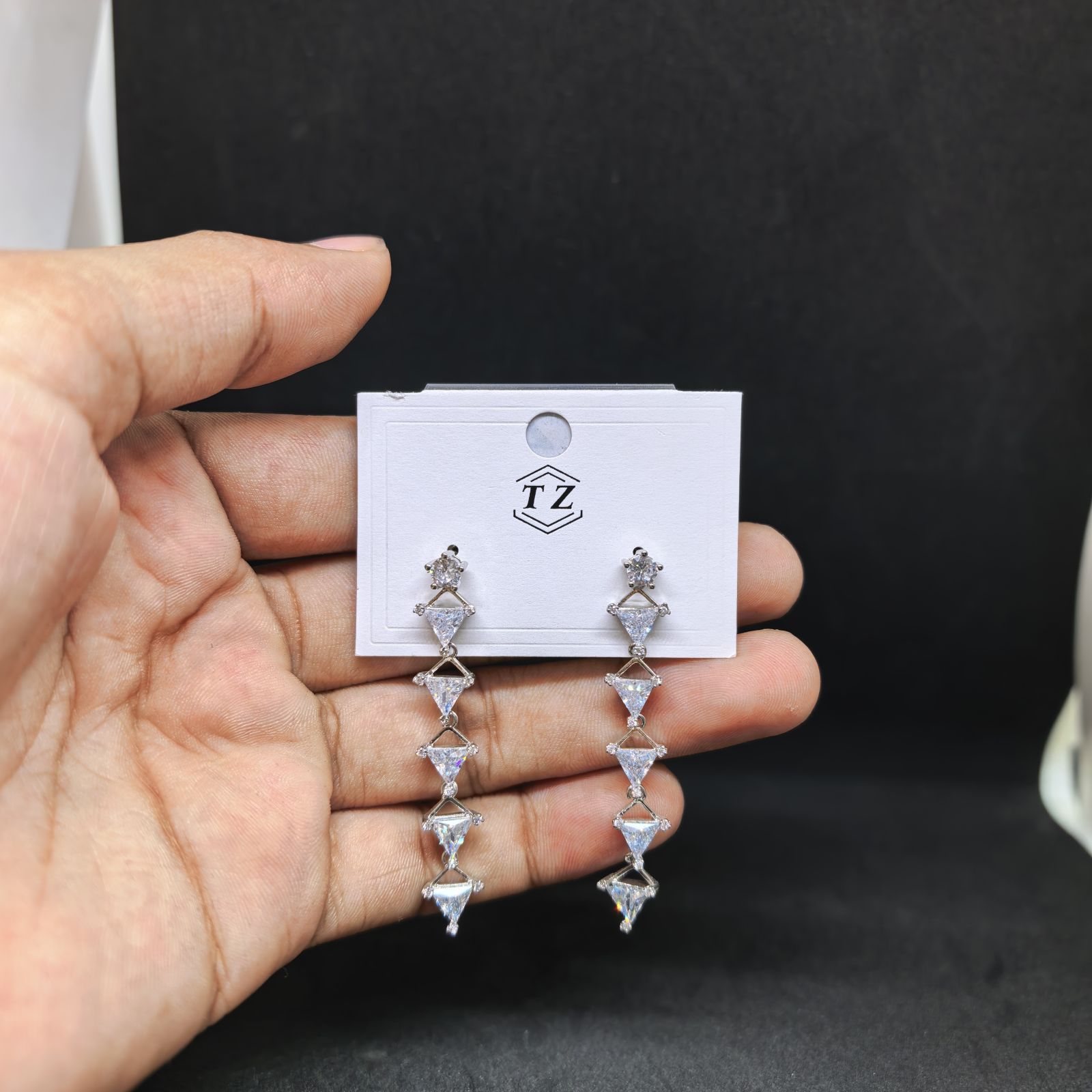 Silver Geometric Triangular Dangling Earrings with Clear Rhinestones TZ