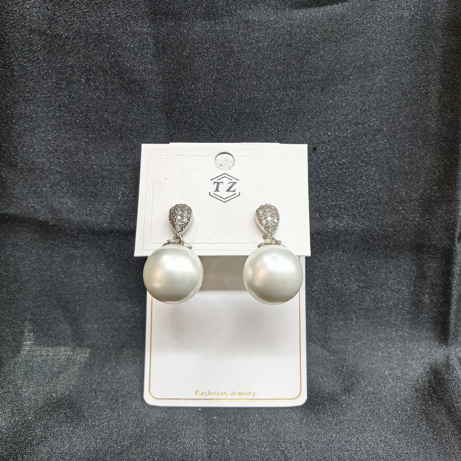 Pearl Drop Earrings with White Pearl and Silver Pave Stud Rhinestone
