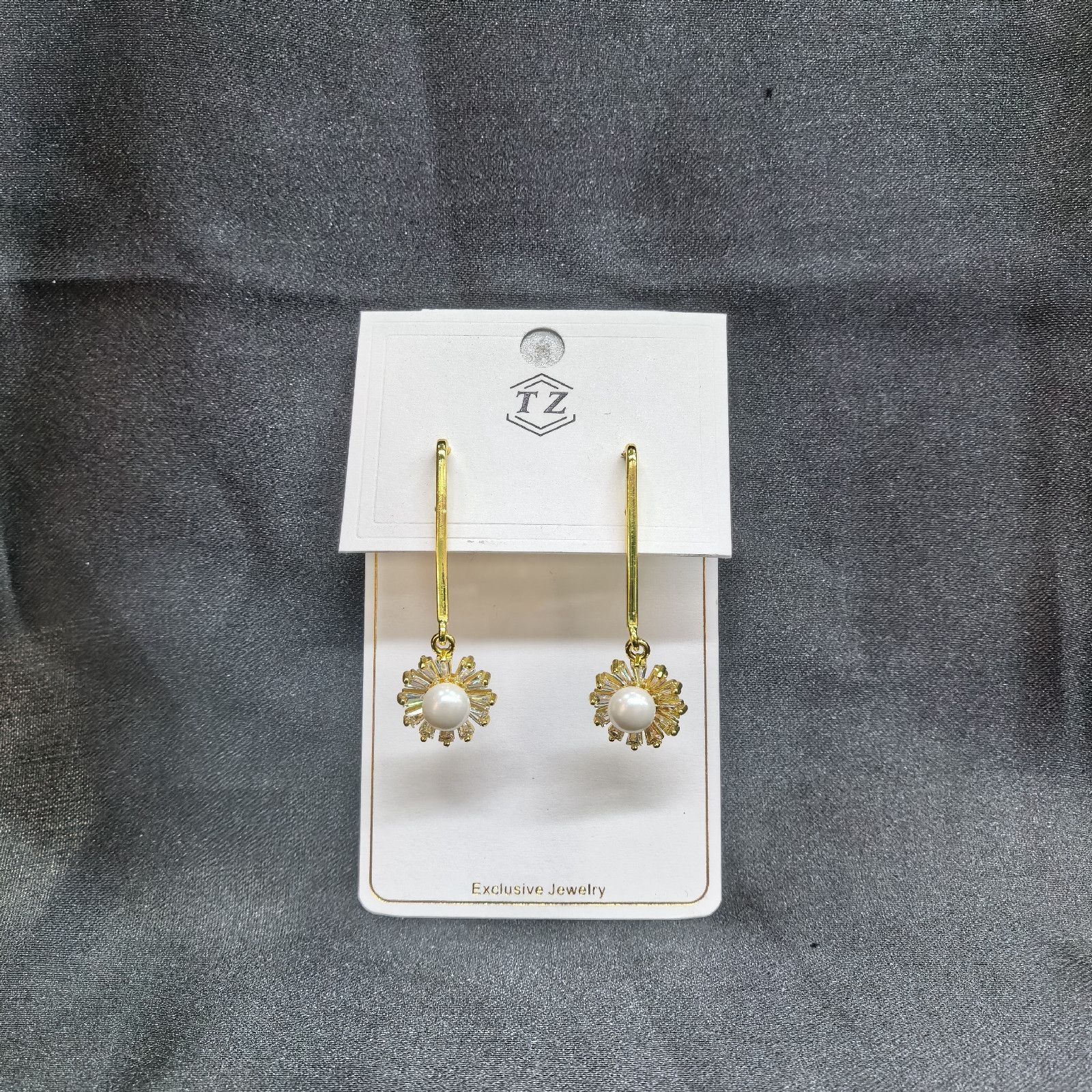 Pearl Drop Earrings with Gold Metal and Faux Pearl Sunburst Design