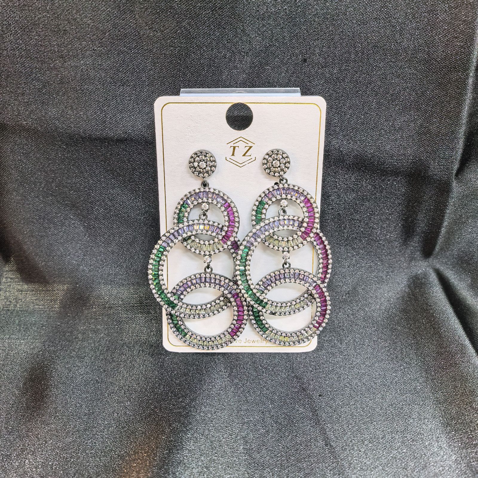 Silver Tone Multi Ring Dangly Hoop Earrings with Rhinestones