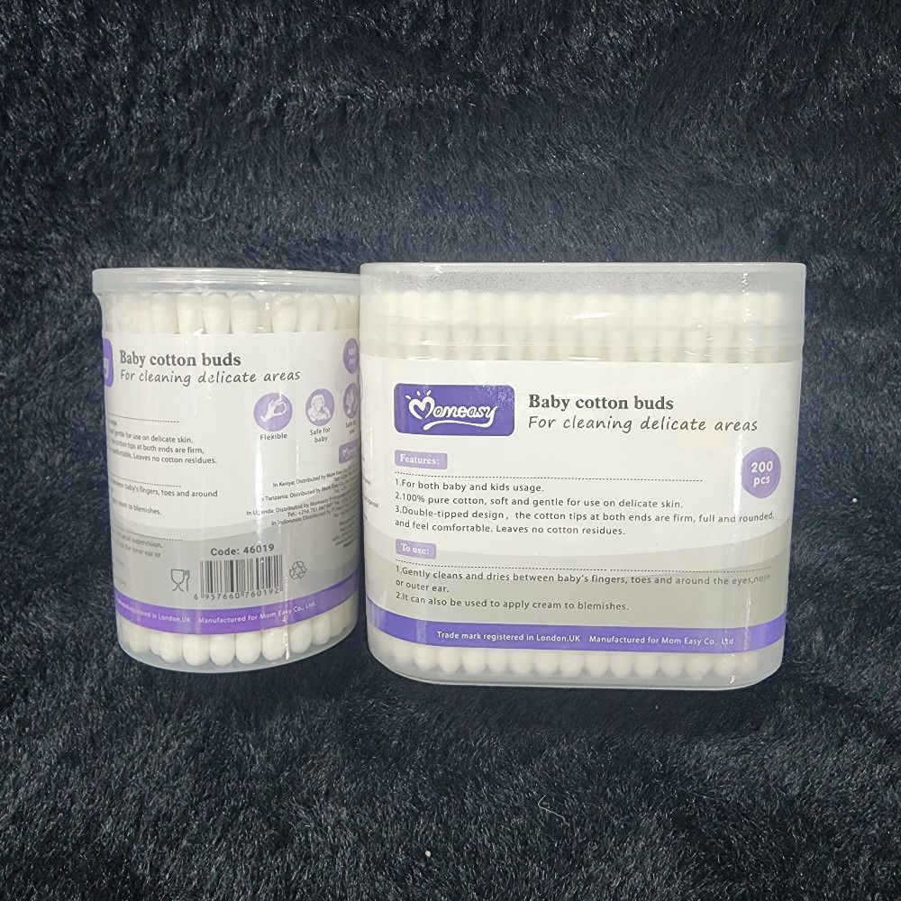 MomeasyBaby Cotton Buds - 200 Pieces, Soft White, Clear & Purple Sticks