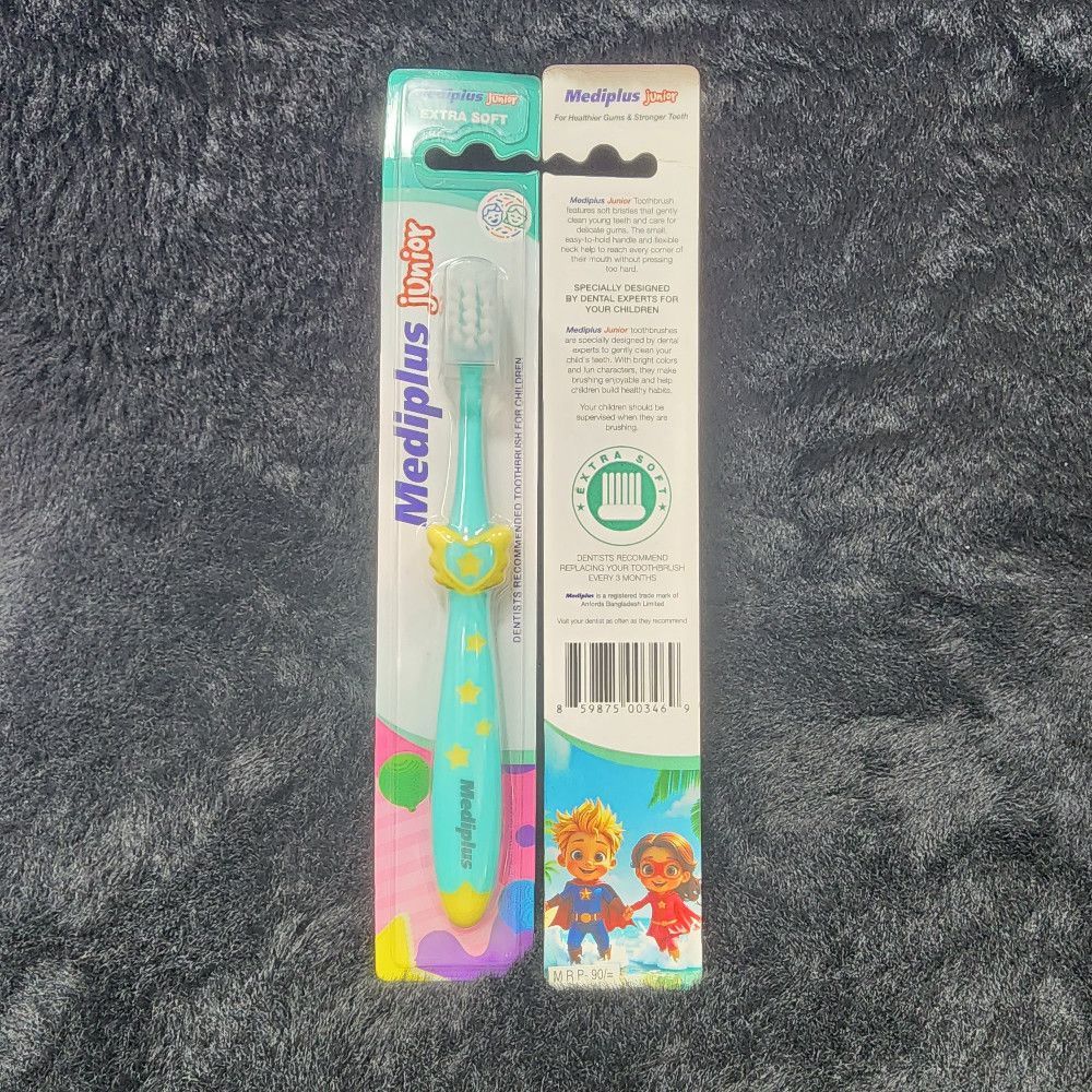 Mediplus Junior Extra Soft Toothbrush – Star Motif in Teal Yellow Blue Plastic